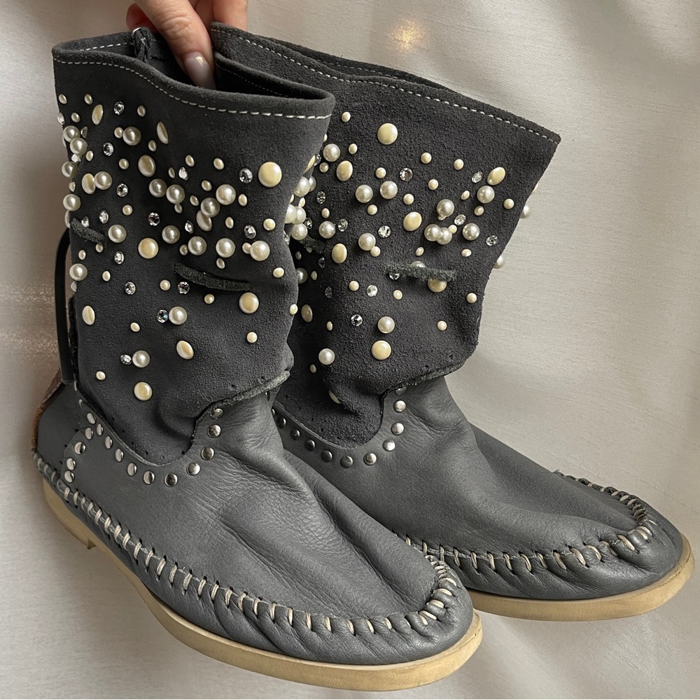 Hector Riccione Yellow Suede BrownLeather Pearl Studded Jeweled Ankle Boots